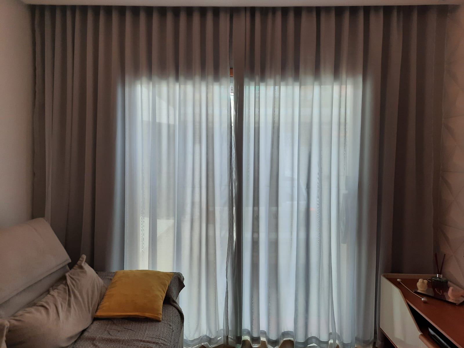 Cortina de Gaze de linho cinza com Forro Microfibra branco - Para Trilho Suisso Max SIMPLES 6,00 x 2,60 ( Cliente Cris ) ( D ) 