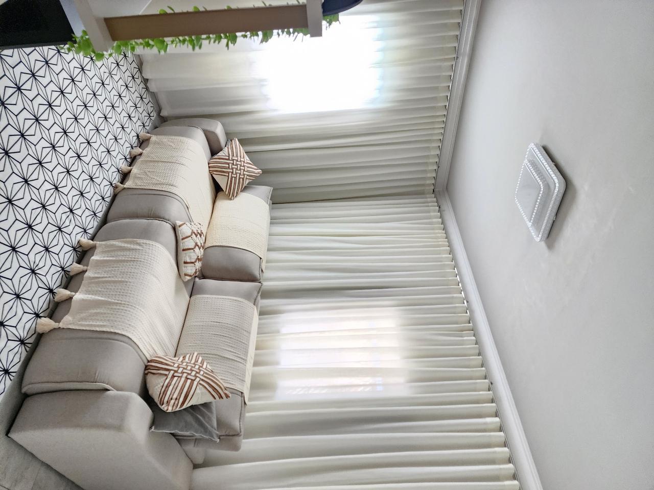 Cortina de gaze de linho off white com forro microfibra pérola 19,00x2,58 - para trilho suíço Max simples cliente Darlene (G)