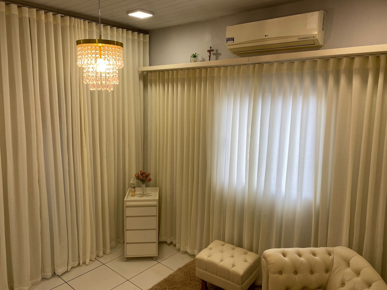 Cortina de Gaze de Linho Off White com Forro Microfibra perola  - Para Trilho Suisso Max SIMPLES 8,00 x 2,68 ( cliente Augtusto ) ( D )