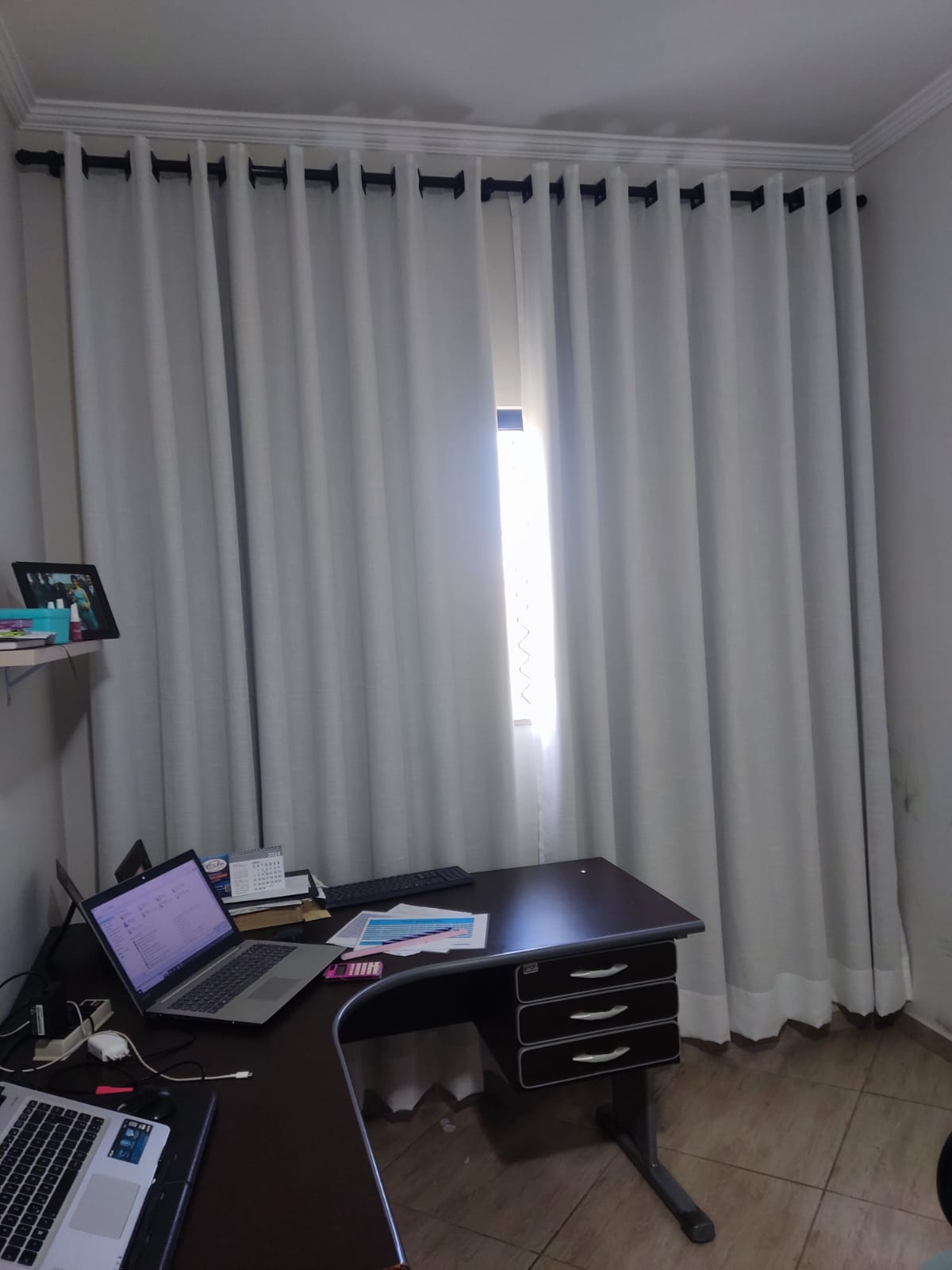 Kit de 3 Cortinas de Gaze de linho cinza com Forro Blackout 100% branco gelo - Para Varão Simples  ( cliente Raphaeli ) ( D )